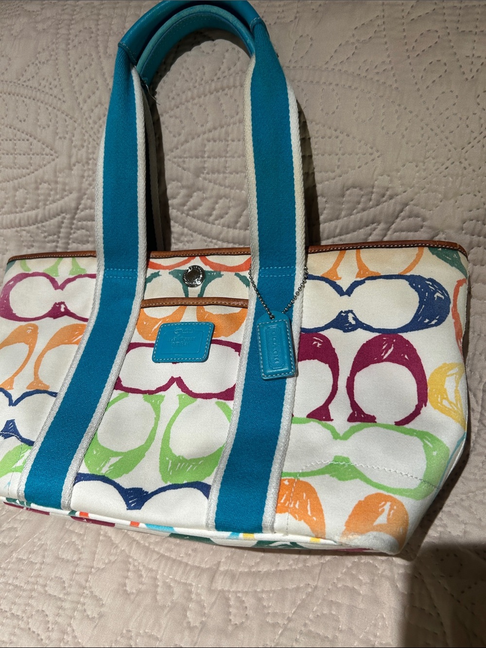 Coach Multicolor Print Canvas Tote with Teal Straps